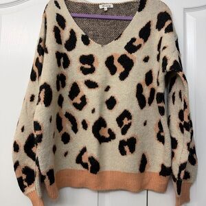 Miracle Cream and Black Leopard V-Neck Sweater